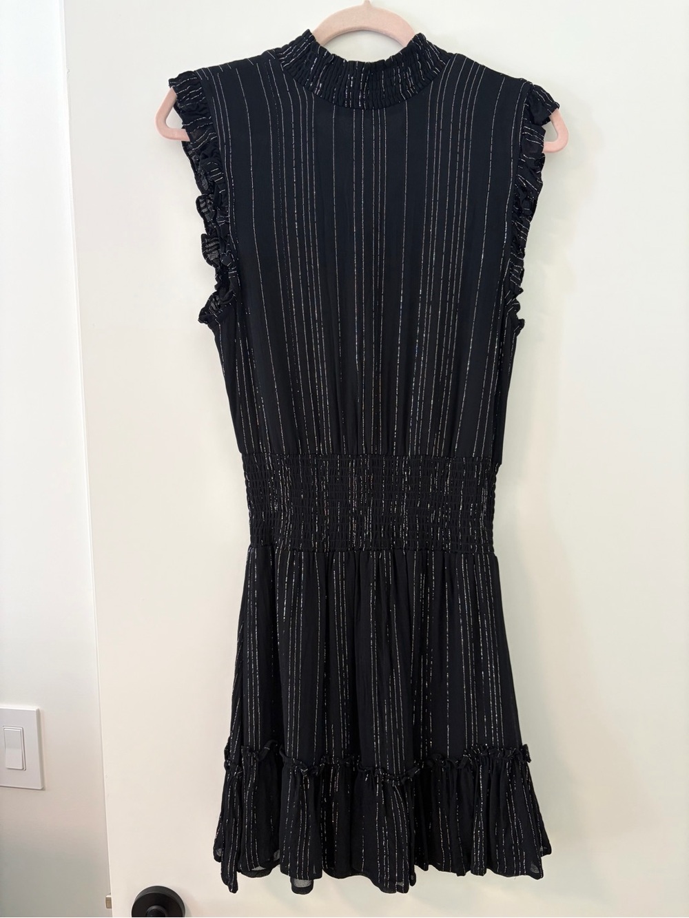 Funky Black Sleeveless Ruffle-Trim Dress with Subtle Metallic Stripe